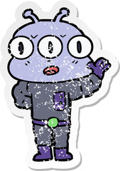 distressed sticker of a cartoon three eyed alien