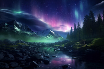 Obraz premium Northern lights over the Nordic landscape. Generative AI.