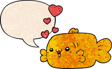 cute cartoon fish with love hearts with speech bubble in retro texture style