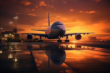 Fototapeta na wymiar Boeing airplane landing at an airport at sunset. Generative AI.
