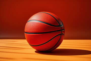 Obraz premium Basketball ball on the wooden floor with an orange background. Generative AI.