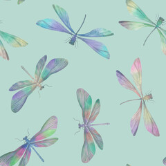 multi-colored dragonflies, seamless abstract pattern on a gentle green background