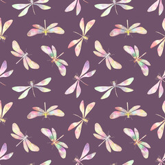 colorful dragonflies drawn in watercolor digitally, seamless pattern on a purple background for the design of wrapping paper, wallpaper, textiles