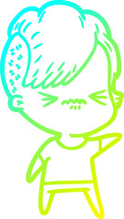 cold gradient line drawing of a cartoon annoyed hipster girl