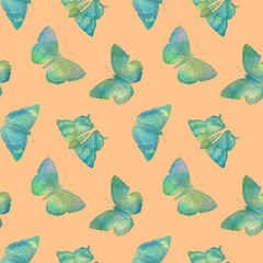 Seamless watercolor butterfly pattern in green on pink background