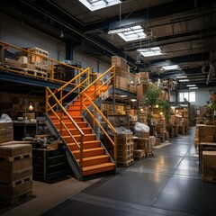 warehouse indoor view with a mezzanine level, showcasing boxes stored on multiple levels and accessed by stairs or lifts, Stockroom - obrazy, fototapety, plakaty