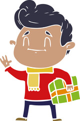 happy flat color style cartoon man with gift