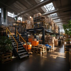 warehouse indoor view with a mezzanine level, showcasing boxes stored on multiple levels and accessed by stairs or lifts, Distribution center - obrazy, fototapety, plakaty