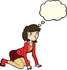cartoon woman on hands and knees with thought bubble