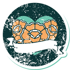 iconic distressed sticker tattoo style image of a heart and banner with flowers