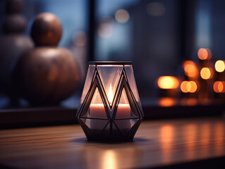 Fototapeta na wymiar Warm glow of a scented candle in a geometric holder on a wooden table, creating a serene ambiance.