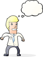cartoon nervous businessman with thought bubble