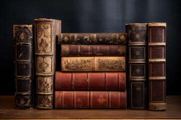 A compilation of aged tomes with well-used hide bindings exhibiting the charisma of classic books and information. - obrazy, fototapety, plakaty