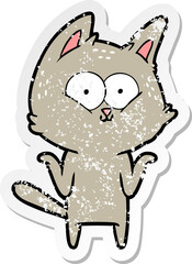 distressed sticker of a cartoon cat shrugging shoulders