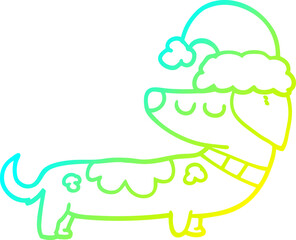 cold gradient line drawing of a cartoon dog wearing christmas hat