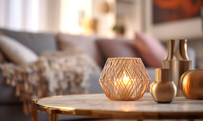 Fototapeta na wymiar A colourful scented candle casts a warm glow on a modern living room table.