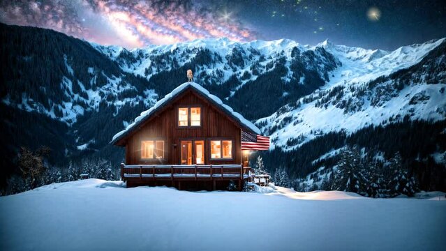 Dreamland in Aspen Hills, Colorado: A magical Milky Way and a dreamy snowy wooden cottage at night.Loop.3D visualization 
