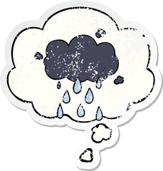 cartoon cloud raining with thought bubble as a distressed worn sticker