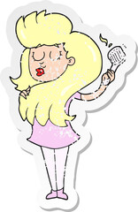 retro distressed sticker of a cartoon woman brushing hair
