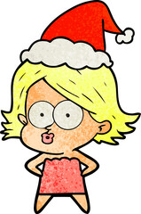hand drawn textured cartoon of a girl pouting wearing santa hat