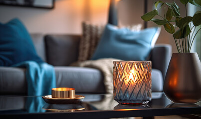 A colourful scented candle casts a warm glow on a modern living room table.