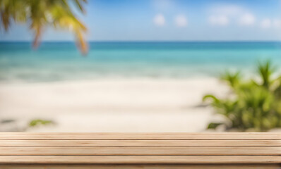 Fototapeta premium Empty wooden table, blurred summer sea background with copy space for your product