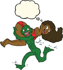cartoon swamp monster carrying girl in bikini with thought bubble