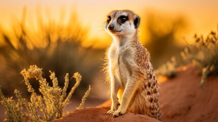 Naklejka na ściany i meble An alert meerkat is standing and admiring the beauty of nature at dusk.