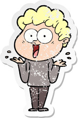 distressed sticker of a cartoon happy man