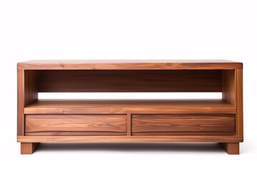 A mahogany TV stand standing alone against a pristine white backdrop is photographed from the front.