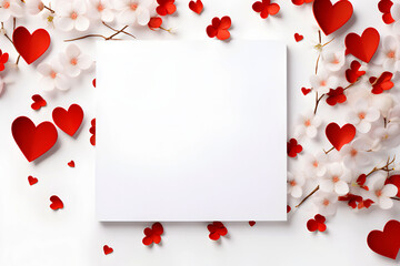  photograph, mockup on a white background with white paper in the middle, decorated with hearts and flowers