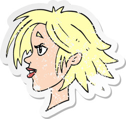 retro distressed sticker of a cartoon happy female face
