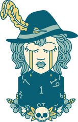 Retro Tattoo Style crying human bard with natural one D20 dice roll