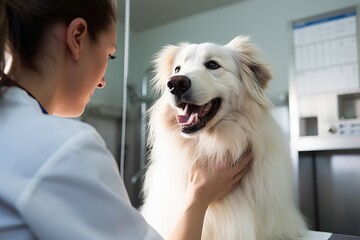 The veterinarian examines the Dog. A healthy pet is being examined in a modern veterinary clinic...