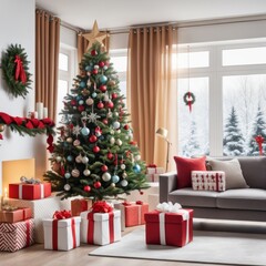 Modern Living Room Interior With Christmas Tree, Gift Boxes, Sofa And coffee table.