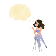 cartoon woman sitting on bar stool with thought bubble