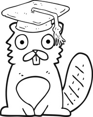 freehand drawn black and white cartoon beaver graduate