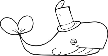 freehand drawn black and white cartoon whale wearing hat