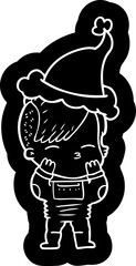 quirky cartoon icon of a girl wearing futuristic clothes wearing santa hat