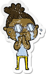 distressed sticker of a cartoon crying woman wearing spectacles