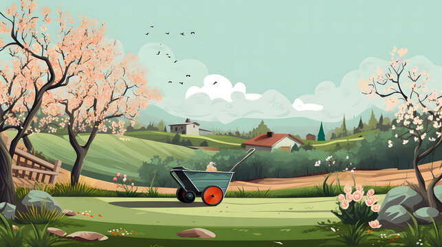 spring landscape with garden tools vector illestration.