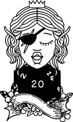 Black and White Tattoo linework Style elf rogue with natural twenty dice roll