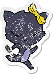 distressed sticker of a cute cartoon cat with bow running