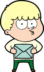 cartoon curious boy carrying a gift