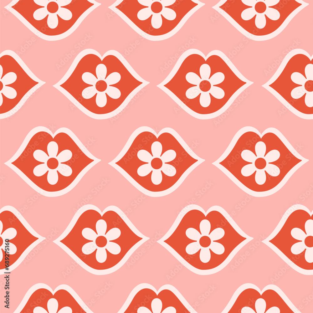 Poster romantic floral seamless pattern with red lips and daisy flowers. minimalistic retro print for texti
