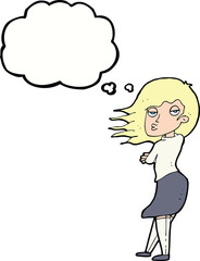 cartoon woman making photo face with thought bubble