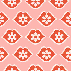 Romantic floral seamless pattern with red lips and daisy flowers. Minimalistic retro print for textile, wrapping paper, web design and social media in style 60s, 70s. Vector illustration