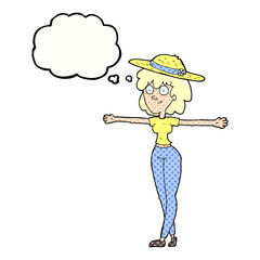 freehand drawn thought bubble cartoon woman spreading arms
