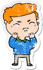 distressed sticker of a cartoon annoyed man