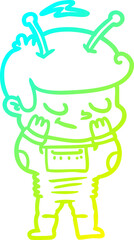 cold gradient line drawing of a bashful cartoon spaceman